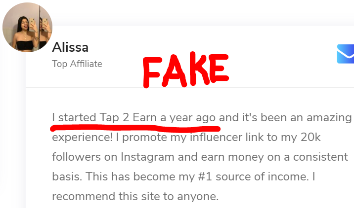 Fake Tap2Earn testimonial